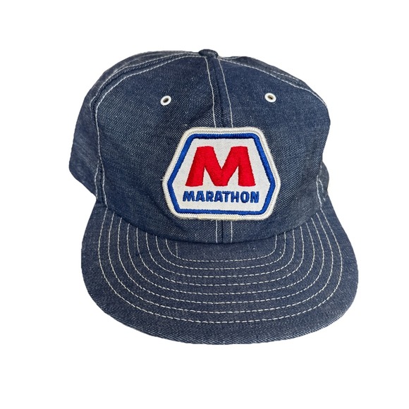 New Vintage 1980s Marathon Oil Denim Baseball Trucker Hat Denim SnapBack USA